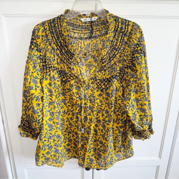 ZARA Floral Print Smocked Tie Neck Blouse Mustard/Blue Sz XLarge Boho Cotton - Picture 3 of 16
